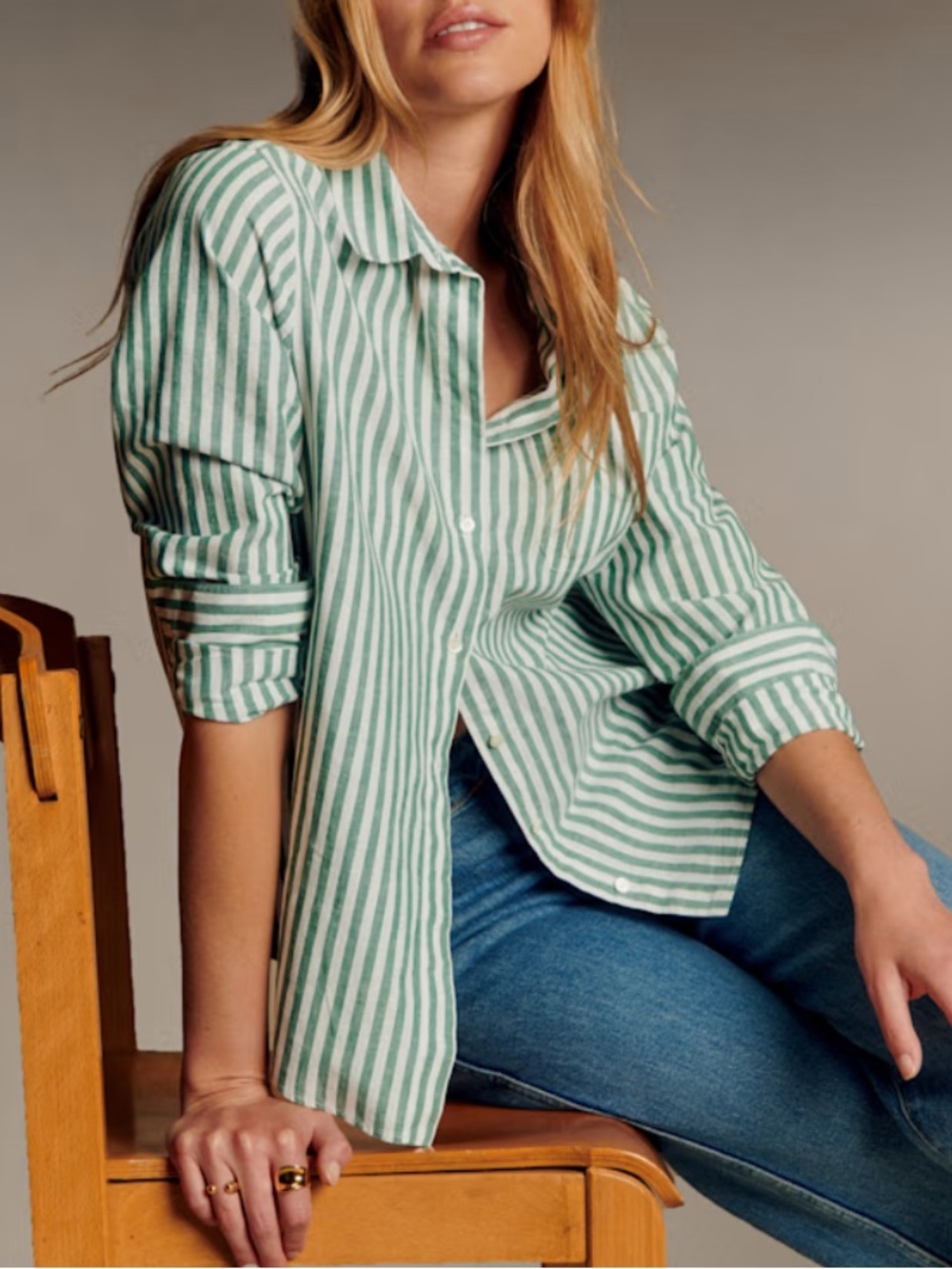 Sezane Green and White Vertical Stripe Button-Down Blouse